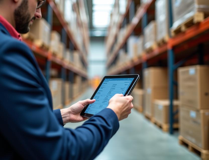 Inventory management expert using digital tracking tools in a transit warehouse