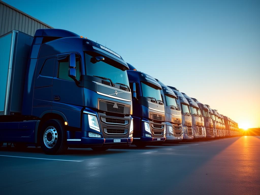 Modern logistics fleet of trucks on a highway during sunset
