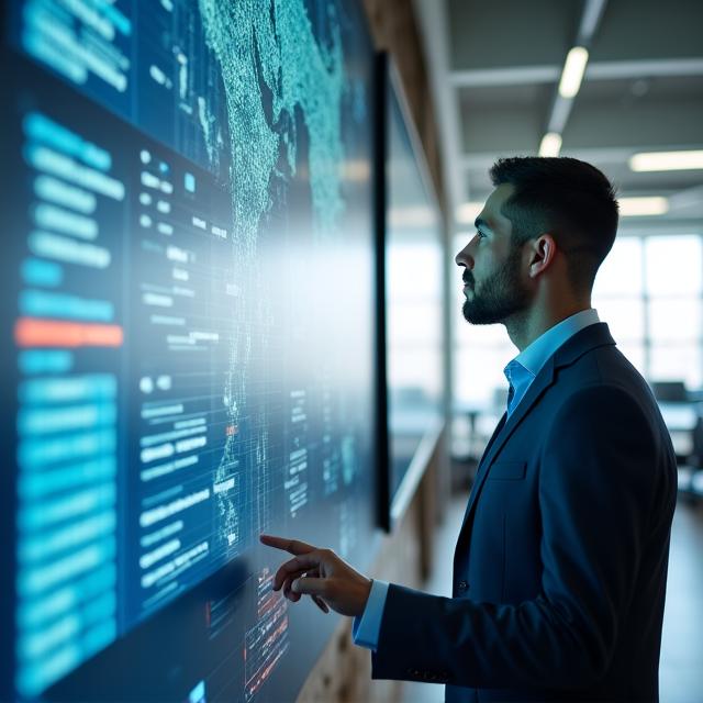 Logistics coordinator tracking a fleet on digital screens