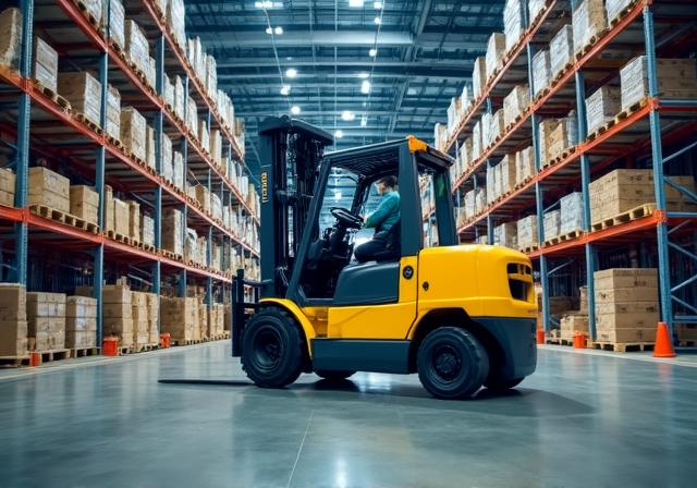 Heavy duty forklift in logistics warehouse